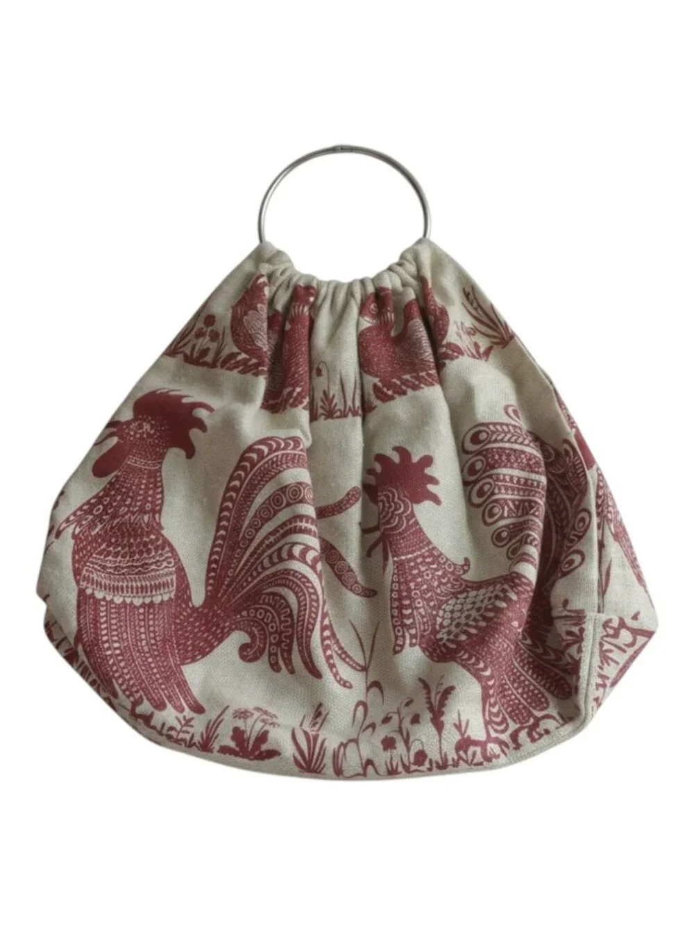 Vintage Rooster Bird Tapestry Ring Handle Bag Removable Cream Red Large
